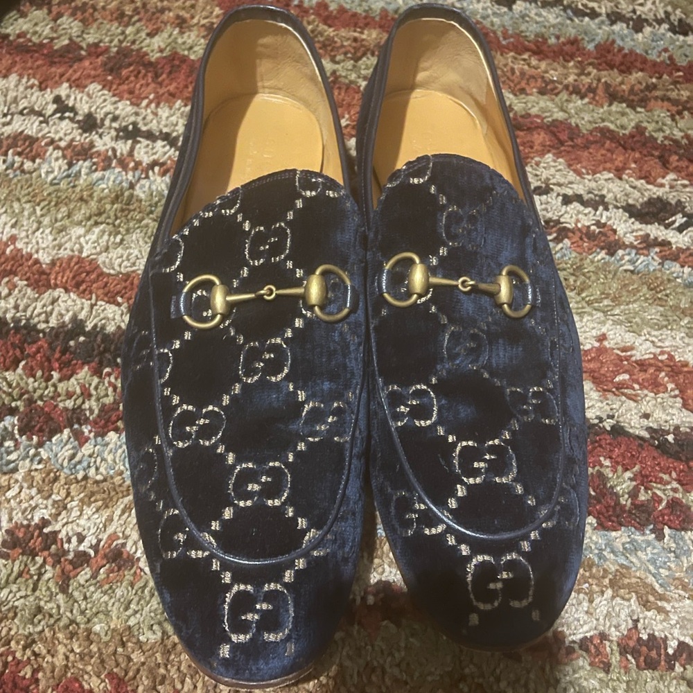 Gucci Navy Velvet Loafers with Gold Accents